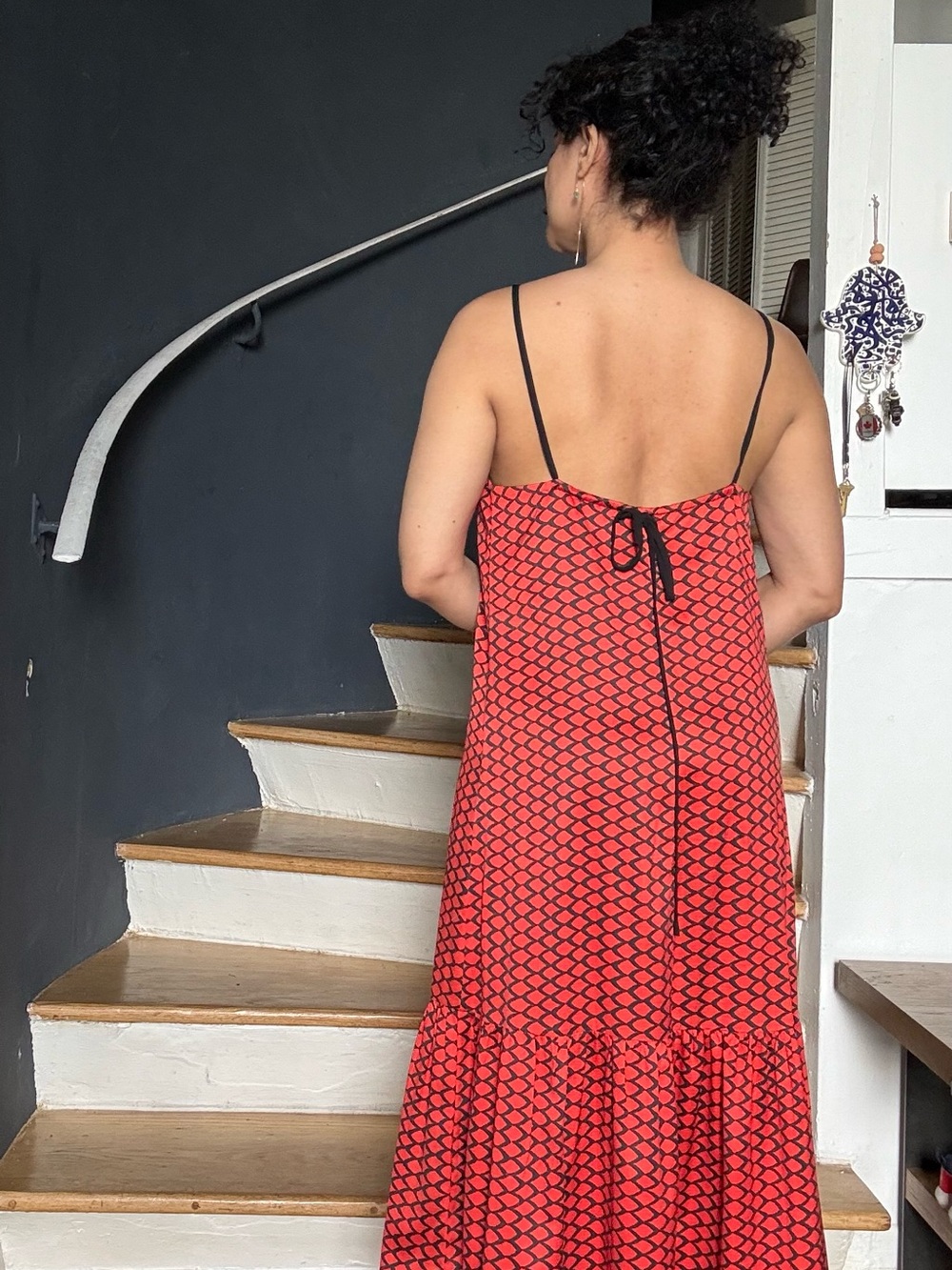 🇧🇷 Red & Black Printed Midi Dress – Open Back Tie Detail  Size S Made in Brazil - Picture 5 of 10